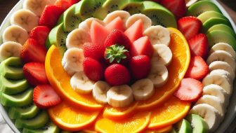 Fruit slices neatly arranged on a white plate