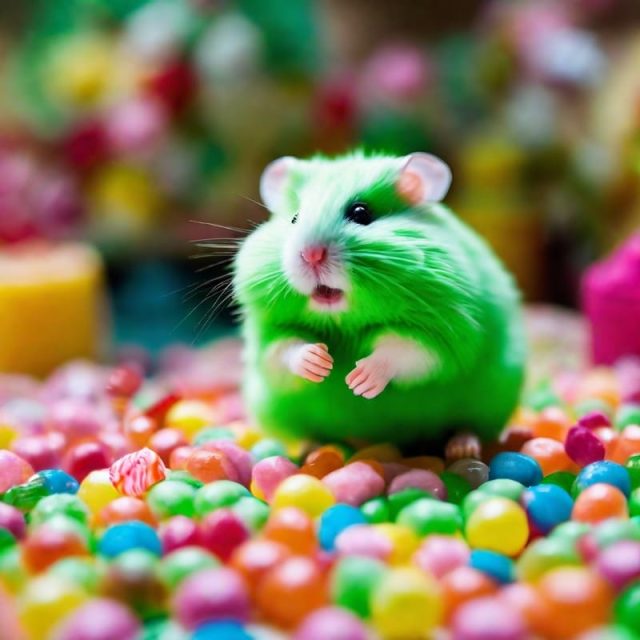 Green hamsters enjoy a sea of candy