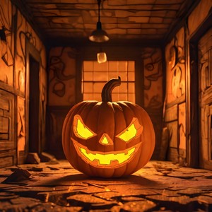 Halloween pumpkins in a spooky room