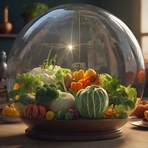 The vegetables are in a round aquarium
