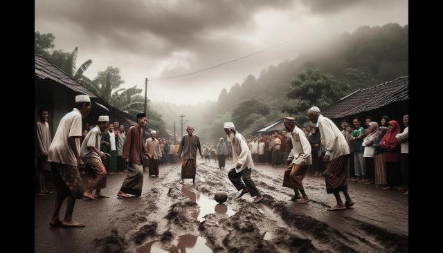 Villagers playing soccer on the road