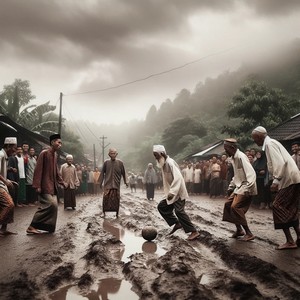 Villagers playing soccer on the road