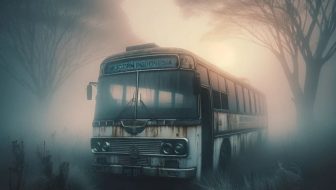 A battered old bus covered in forest fog