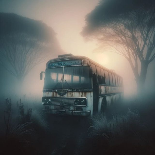 A battered old bus covered in forest fog