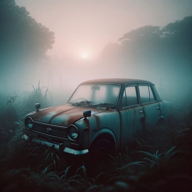 A battered old car in the middle of the forest fog