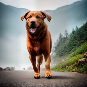 A brown dog running down the street