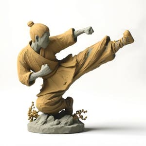 A carved statue practising taekwondo