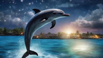 A dolphin jumps from the water at night