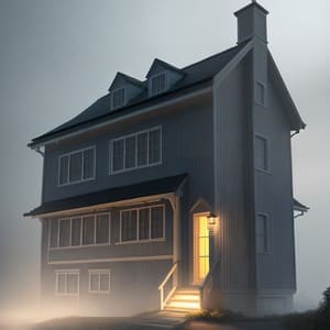 A house with lights that glow in the fog