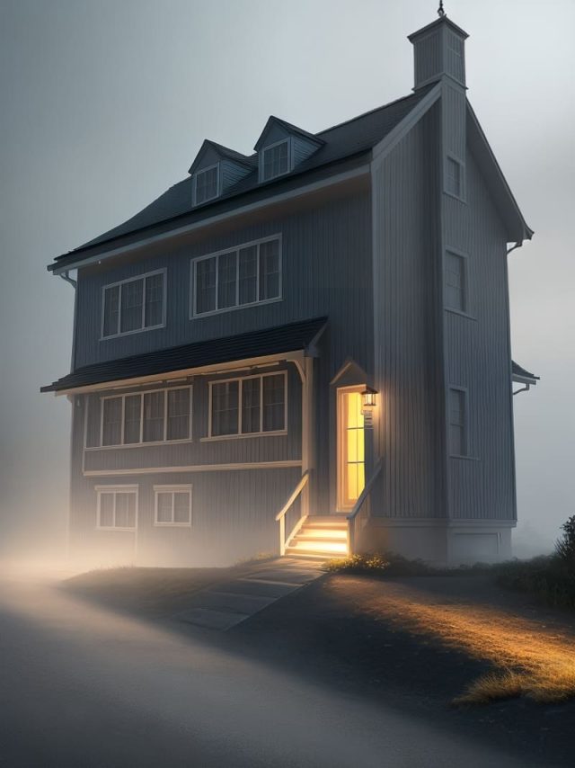 A house with lights that glow in the fog