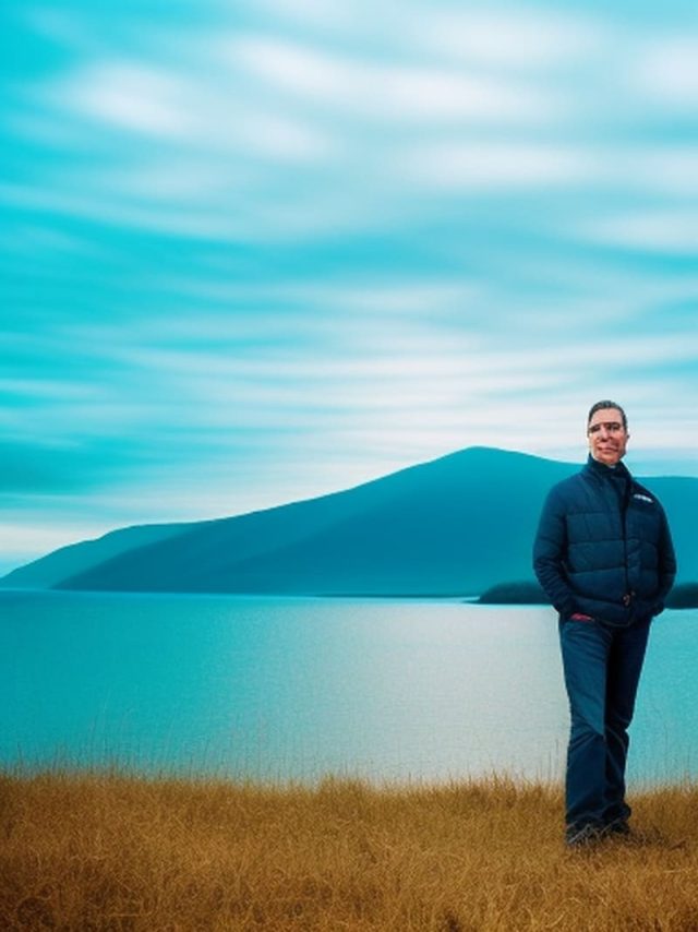 A person photographed against a backdrop of lakes and mountains