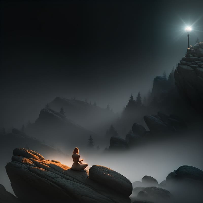 A person sitting on a rock at night