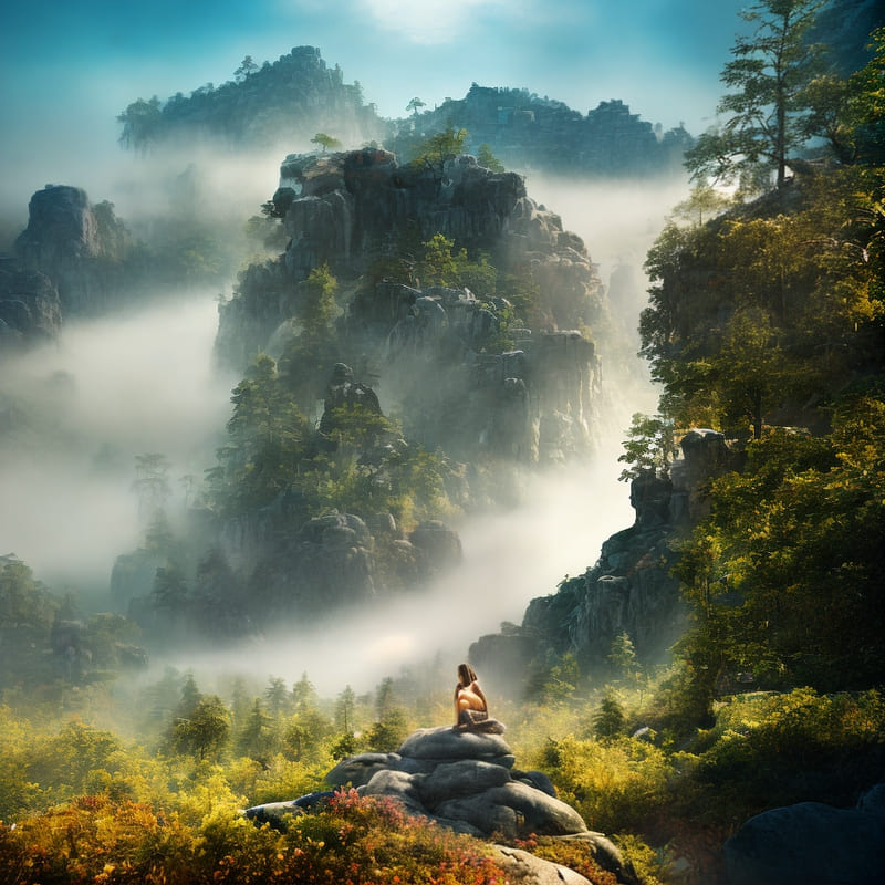 A person sitting on a rock in the middle of a mountain