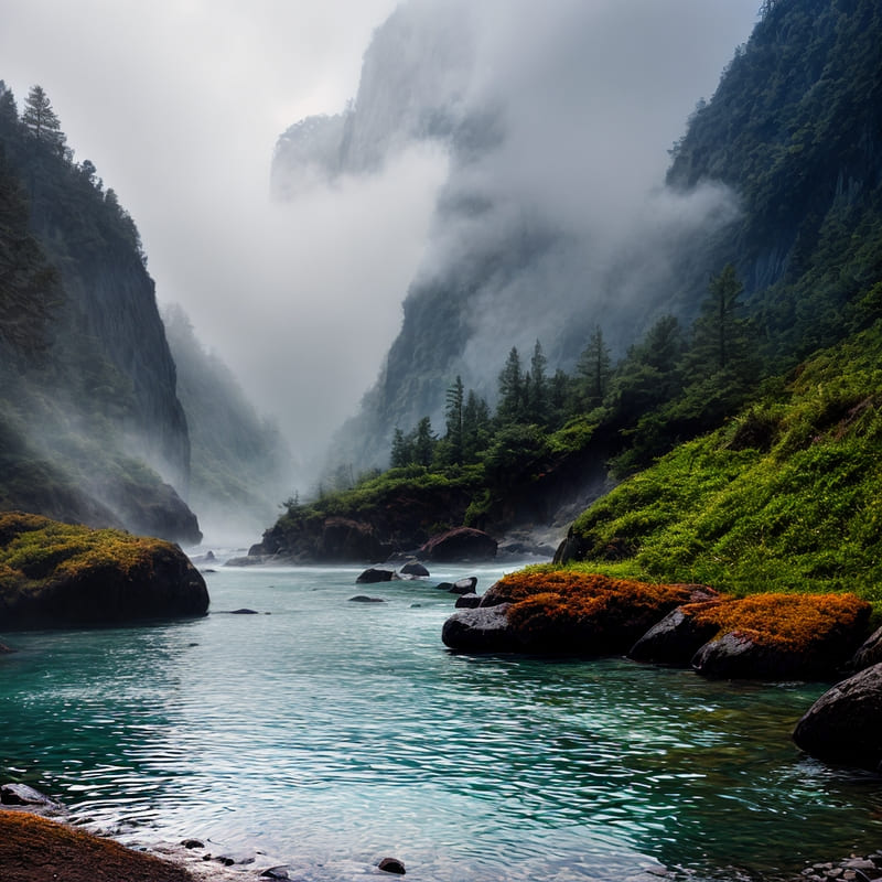 A river flowing through the mist of the hills