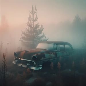 A rusty old car in the middle of the forest