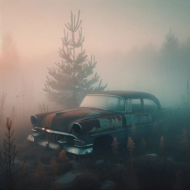 A rusty old car in the middle of the forest