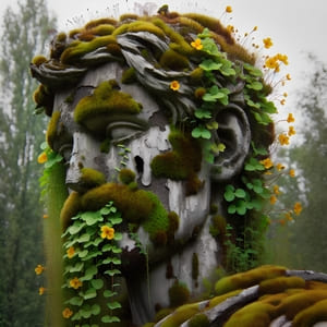 A statue of a man that is starting to become overgrown with moss