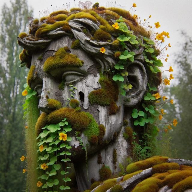 A statue of a man that is starting to become overgrown with moss
