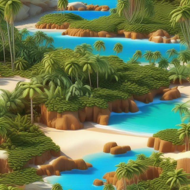 A tropical island with ocean and coconut trees