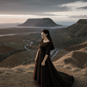 A woman in a black dress stands on a hill