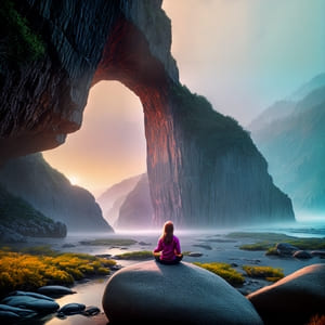 A woman sits looking at a beautiful valley