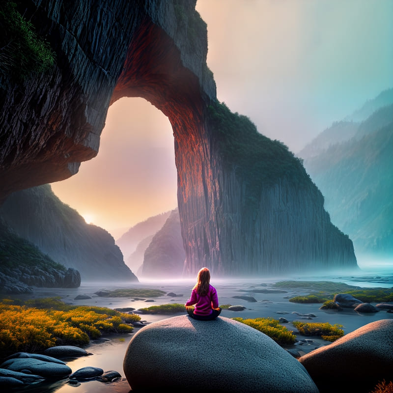 A woman sits looking at a beautiful valley