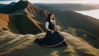 A woman takes a photo on a beautiful hill