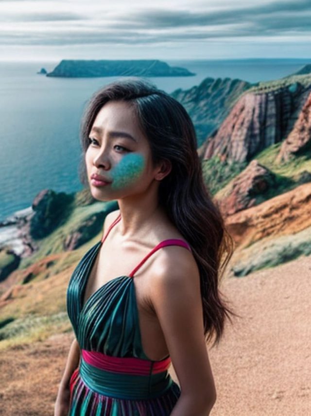 A woman with face art takes a photo on a cliff top