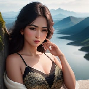 Beautiful model takes a photo in the scenery