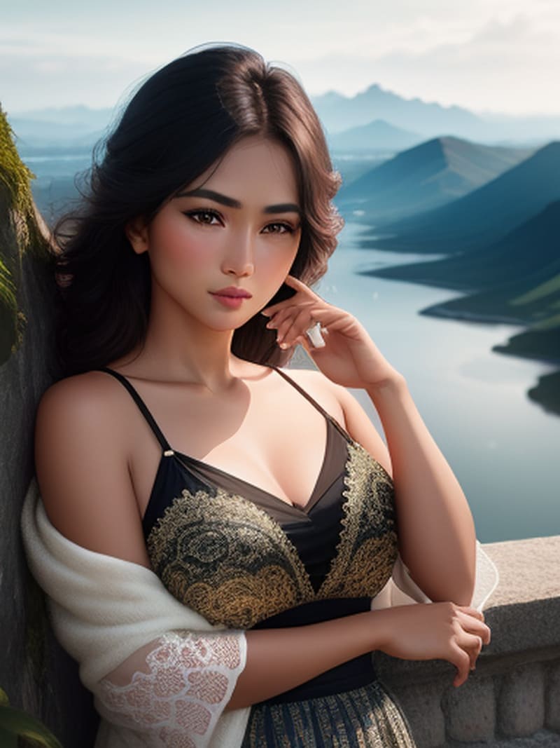 Beautiful model takes a photo in the scenery
