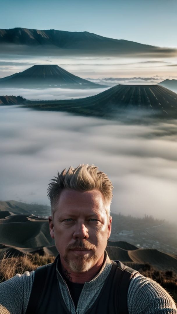 Blonde man taking a selfie on top of a mountain