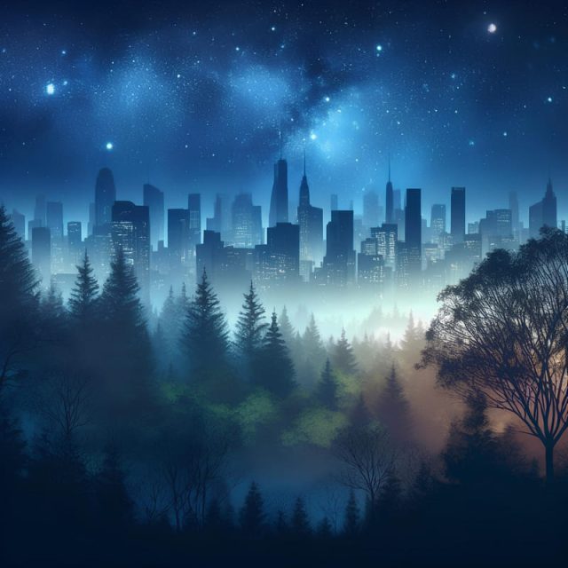City with nighttime fog from the forest