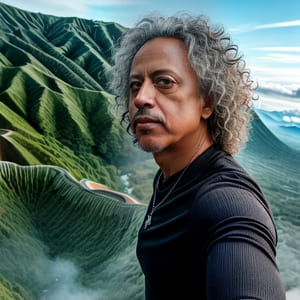 Curly hair man selfie on top of mountain with green grass