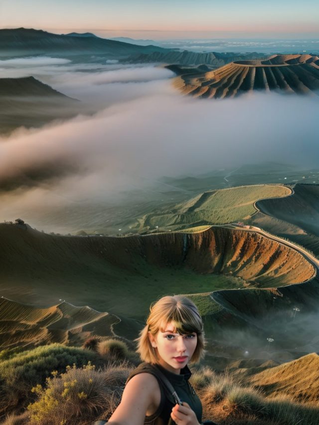 Girl in black jacket taking a selfie on top of a mountain
