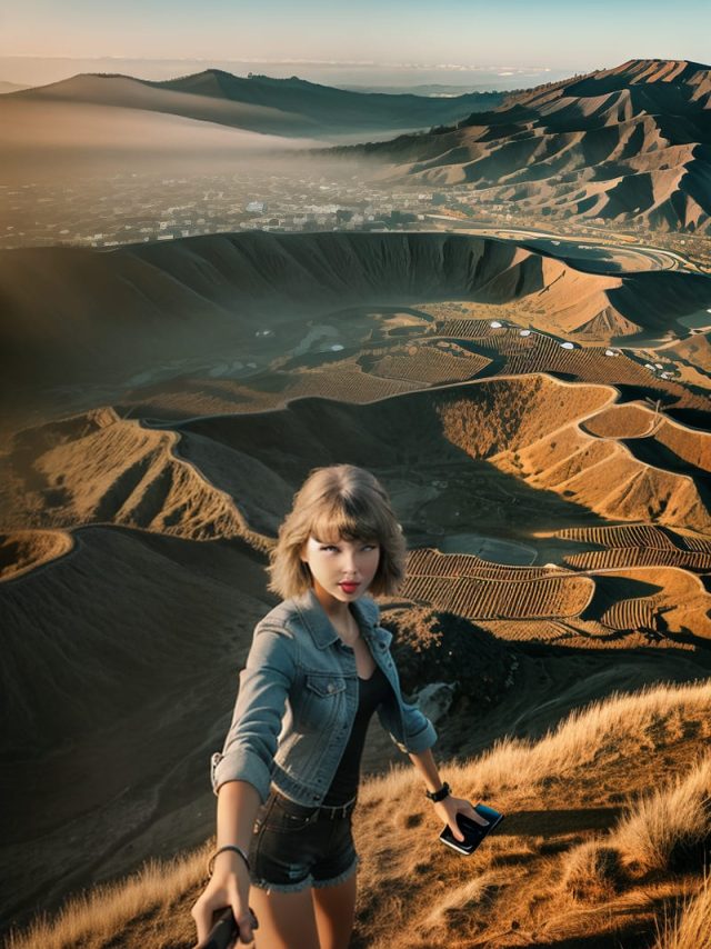 Girl in levis jacket taking a selfie in the desert