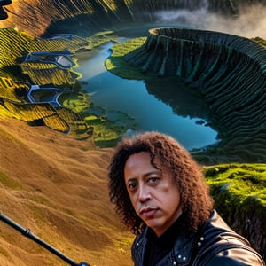Long man taking a selfie on top of a beautiful mountain