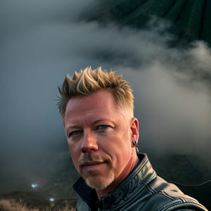 Man with ear piercing taking selfie on top of misty mountain