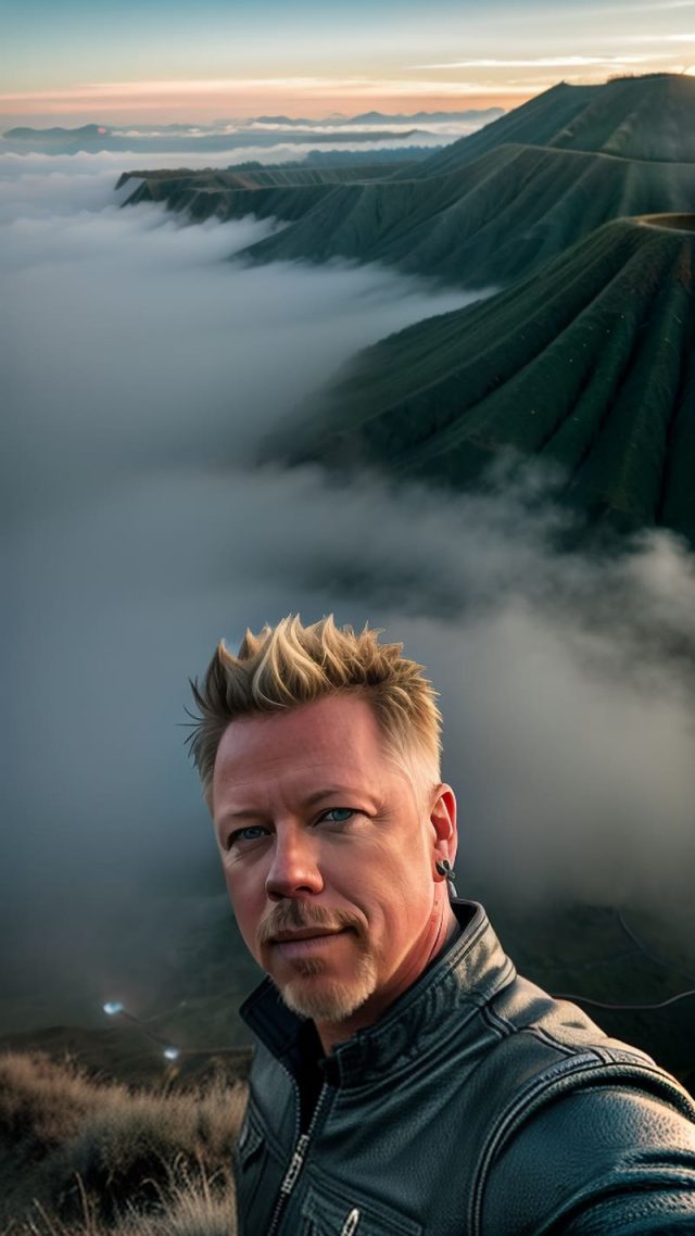 Man with ear piercing taking selfie on top of misty mountain
