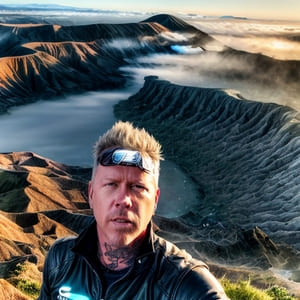 Man with tattoos on his neck taking a selfie with a beautiful view