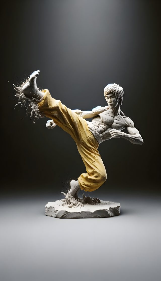 Statue of bruce lee practising taekwondo