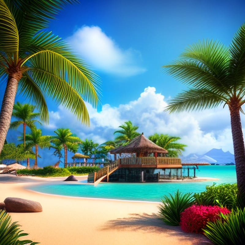 Tropical island with beautiful beaches and beachfront huts