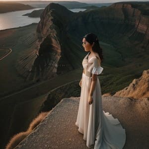 Woman in a graceful dress on the edge of a cliff
