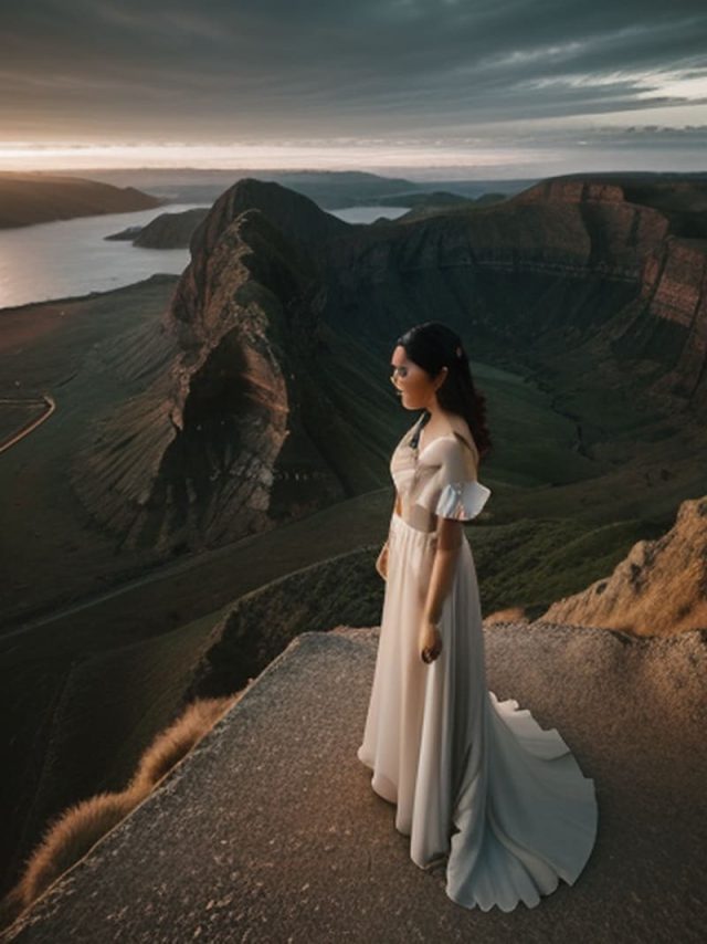 Woman in a graceful dress on the edge of a cliff