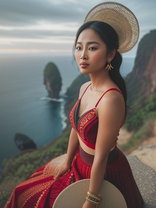 Woman in a red dress and hat sitting on a rock