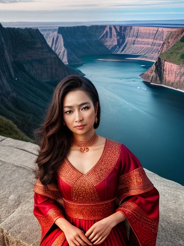 Woman in a red dress sitting on a rock overlooking a lake